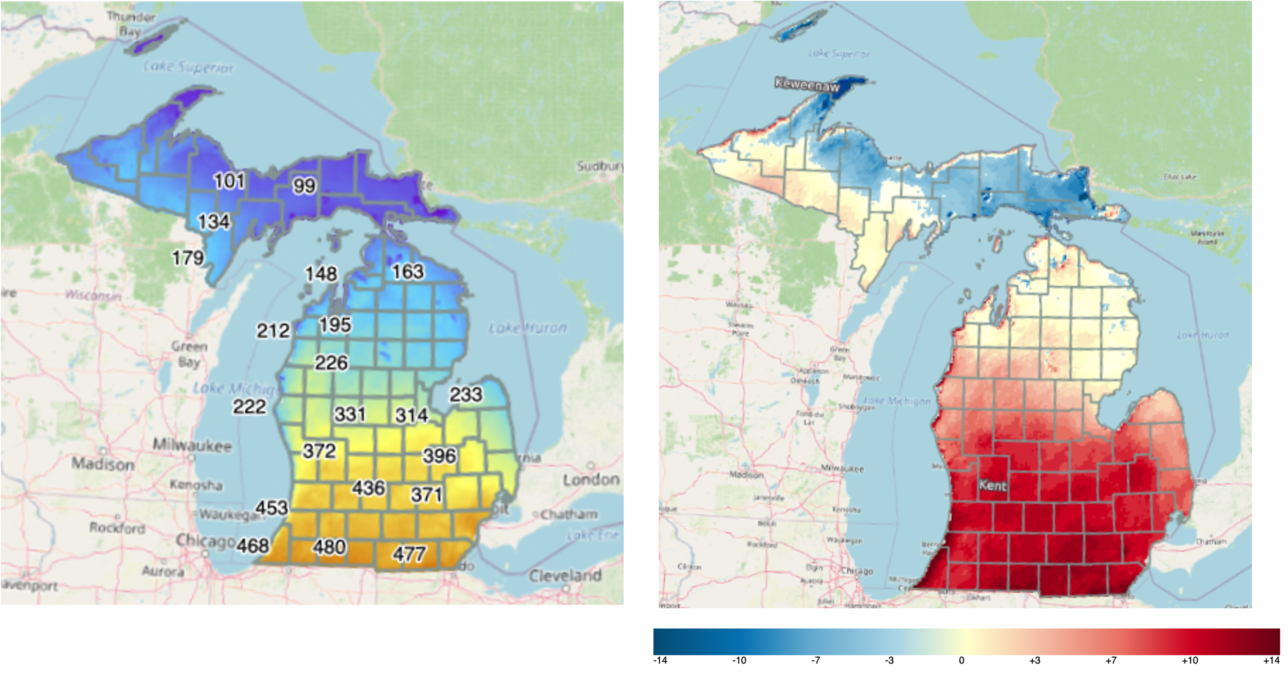 Side-by-side Michigan maps showing growing degree day accumulations and temperature departures from March 1 to May 19, 2026, with cooler conditions and lower heat accumulation in northern regions and warmer conditions with higher growing degree days across southern Michigan.